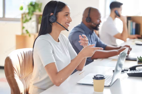 Woman wearing a laptop headset