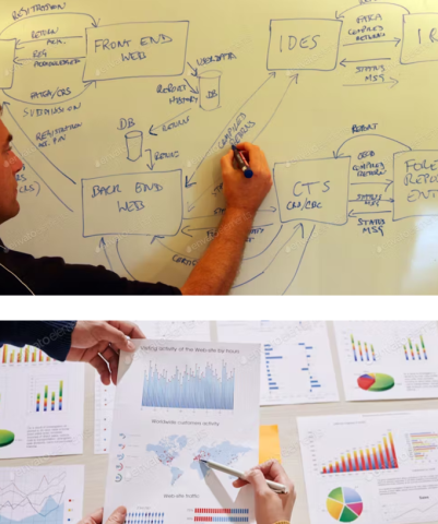 Two pics showing a person working on a white board and a person working with the chart and map.