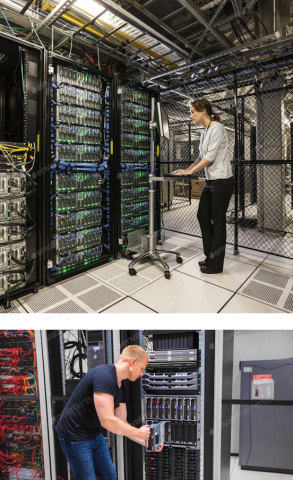 2 images of people working in a data center