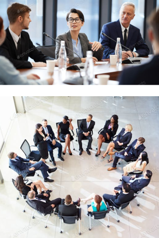 Two pictures of people doing business meetings