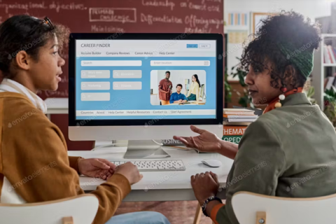 Two people looking at a computer display