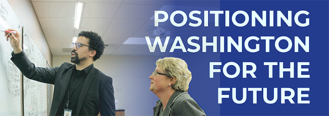 Image of two WaTech employees collaborating at a whiteboard, with the headline, "Positioning Washington for the future"
